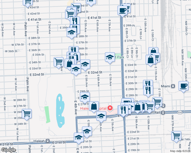 map of restaurants, bars, coffee shops, grocery stores, and more near 577 East 31st Street in Hialeah