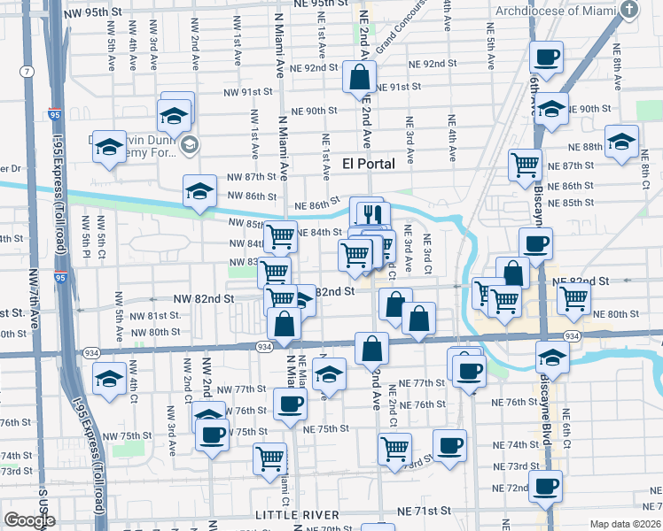 map of restaurants, bars, coffee shops, grocery stores, and more near 145 Northeast 82nd Terrace in Miami