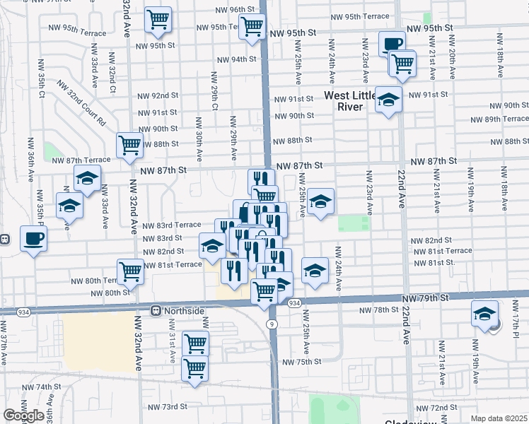 map of restaurants, bars, coffee shops, grocery stores, and more near 8440 Northwest 27th Avenue in Miami