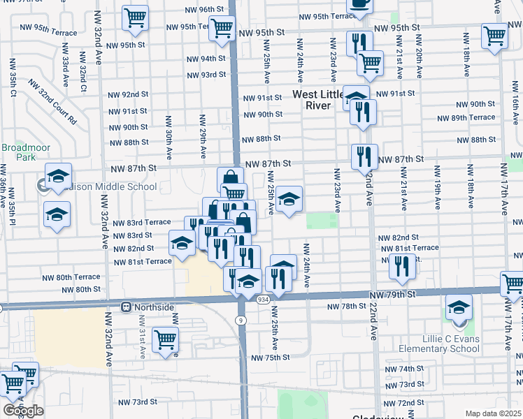map of restaurants, bars, coffee shops, grocery stores, and more near 8400 Northwest 25th Avenue in Miami