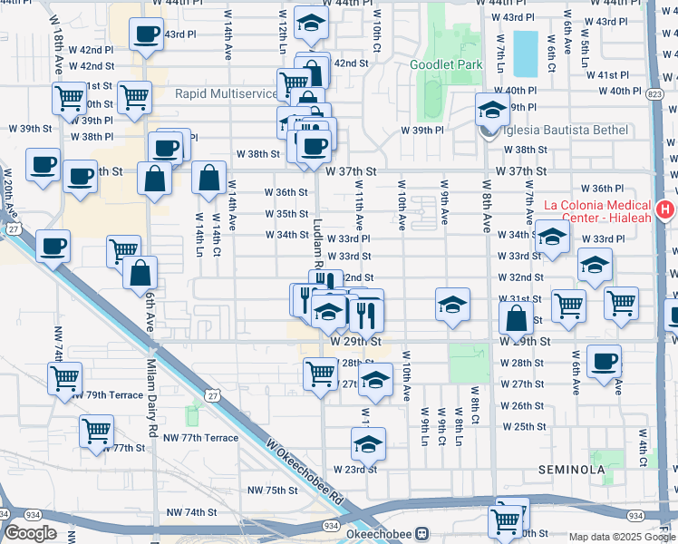map of restaurants, bars, coffee shops, grocery stores, and more near 1155 West 32nd Street in Hialeah