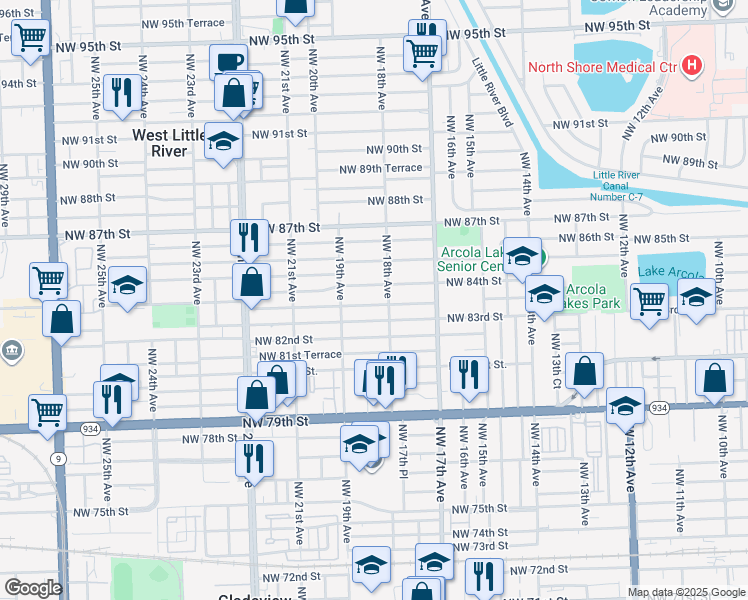map of restaurants, bars, coffee shops, grocery stores, and more near 1797 Northwest 83rd Terrace in Miami