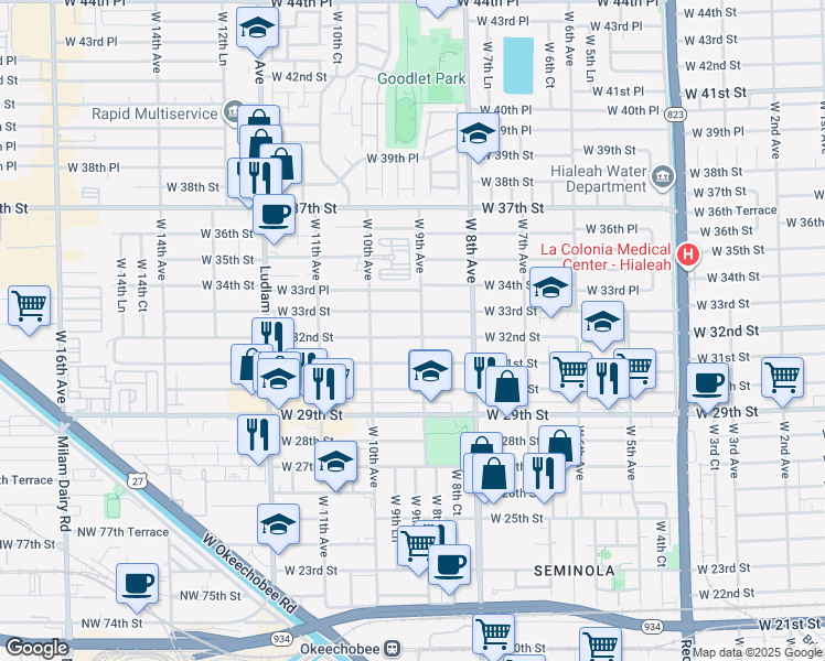 map of restaurants, bars, coffee shops, grocery stores, and more near 935 West 32nd Street in Hialeah