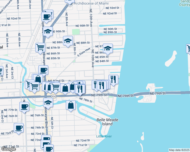 map of restaurants, bars, coffee shops, grocery stores, and more near 1000 Northeast 82nd Terrace in Miami