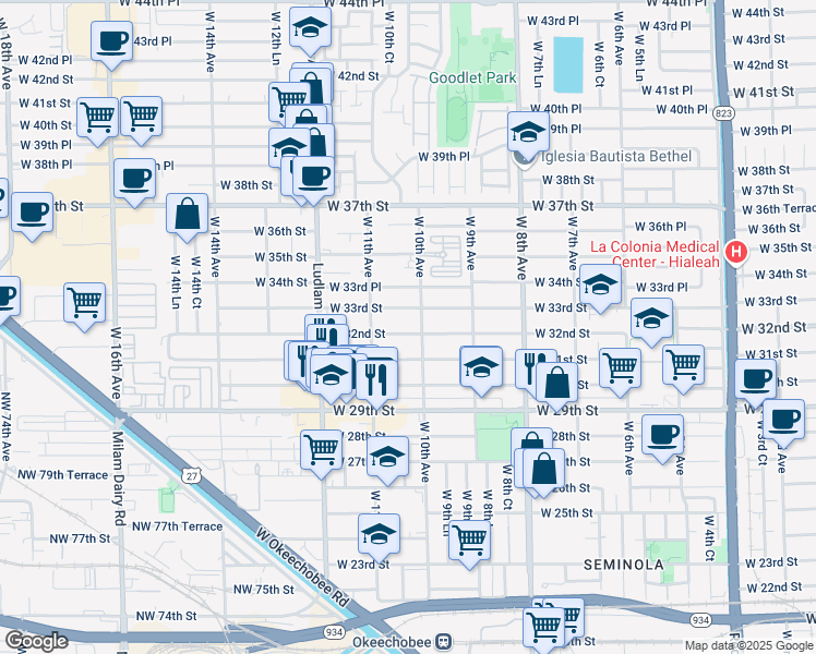map of restaurants, bars, coffee shops, grocery stores, and more near 1005 West 32nd Street in Hialeah