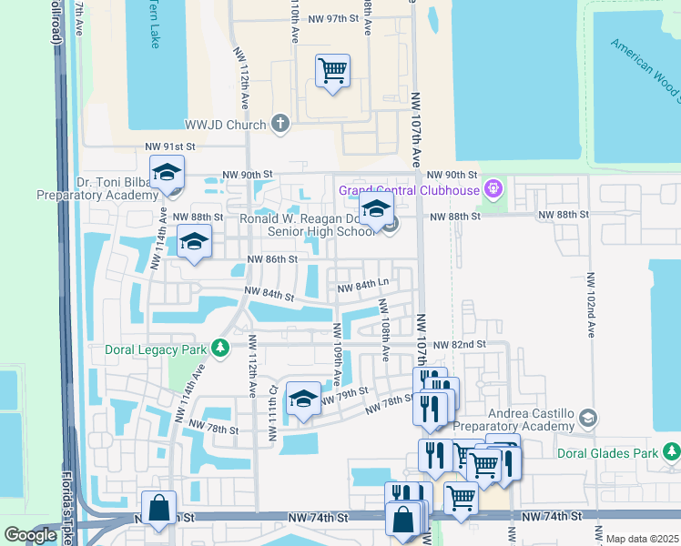 map of restaurants, bars, coffee shops, grocery stores, and more near 10892 Northwest 85th Terrace in Doral