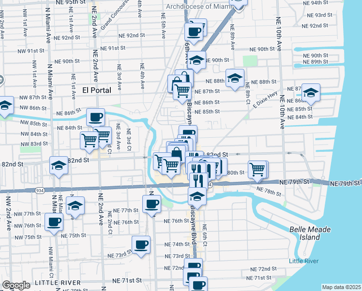 map of restaurants, bars, coffee shops, grocery stores, and more near 539 Northeast 82nd Terrace in Miami