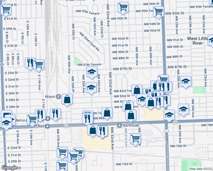 map of restaurants, bars, coffee shops, grocery stores, and more near 8435 Northwest 33rd Avenue in Miami