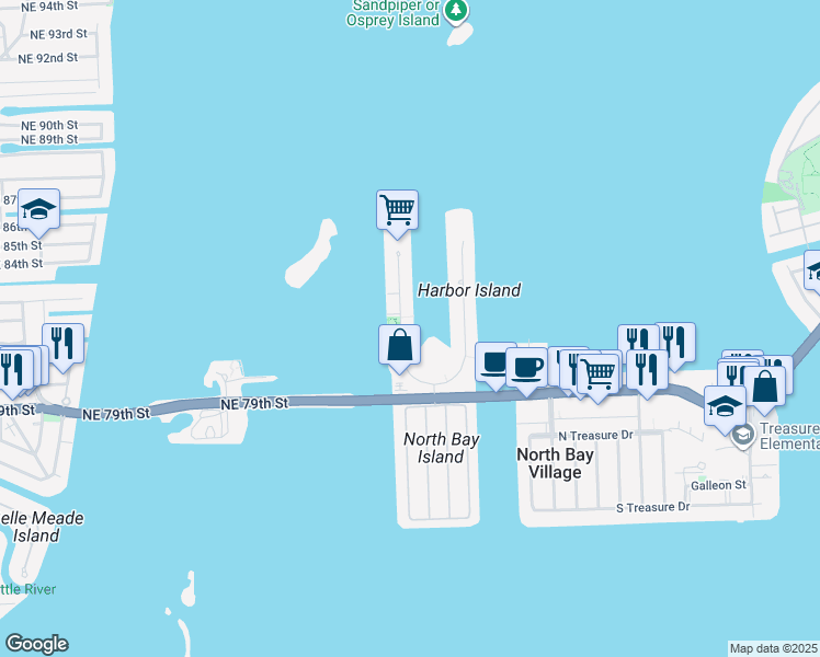 map of restaurants, bars, coffee shops, grocery stores, and more near 7918 West Drive in North Bay Village