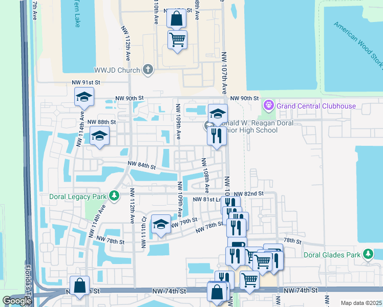 map of restaurants, bars, coffee shops, grocery stores, and more near 8538 Northwest 108th Avenue in Doral