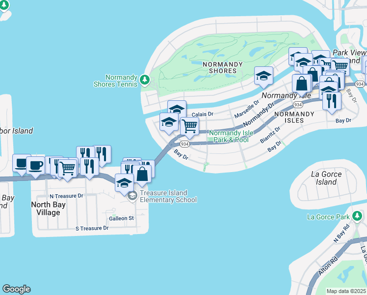 map of restaurants, bars, coffee shops, grocery stores, and more near 2000 Biarritz Drive in Miami