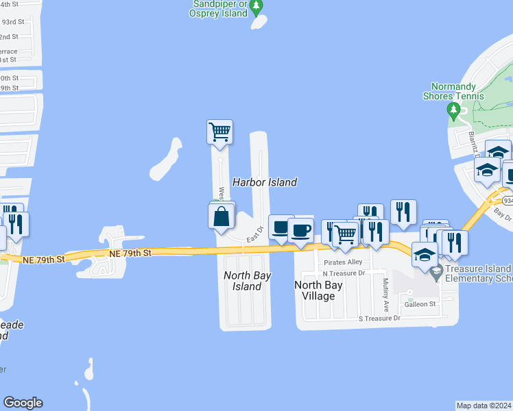 map of restaurants, bars, coffee shops, grocery stores, and more near 7914 Harbor Island Drive in North Bay Village