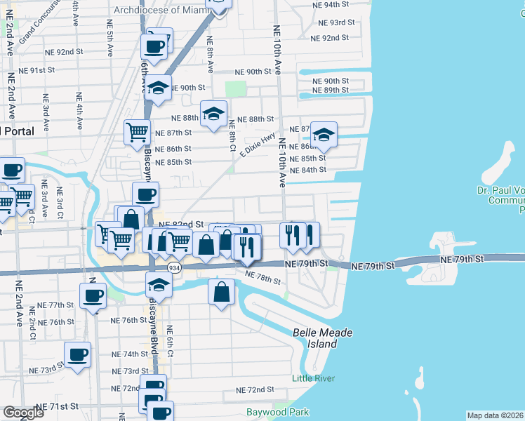 map of restaurants, bars, coffee shops, grocery stores, and more near 901 Northeast 82nd Terrace in Miami