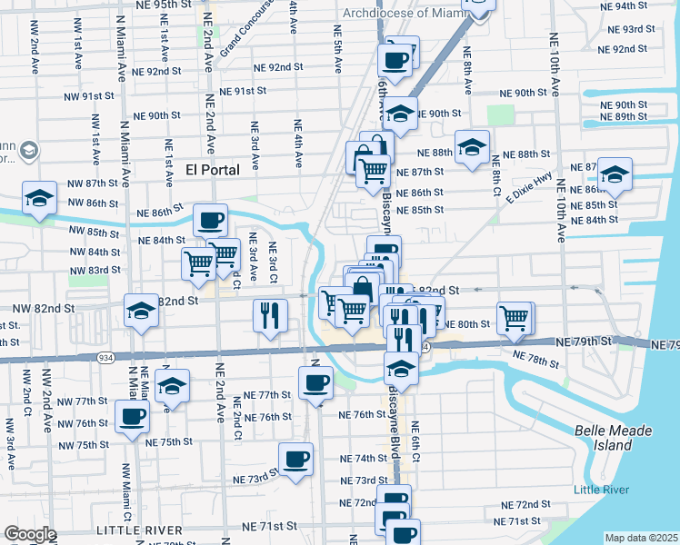 map of restaurants, bars, coffee shops, grocery stores, and more near 461 Northeast 82nd Terrace in Miami