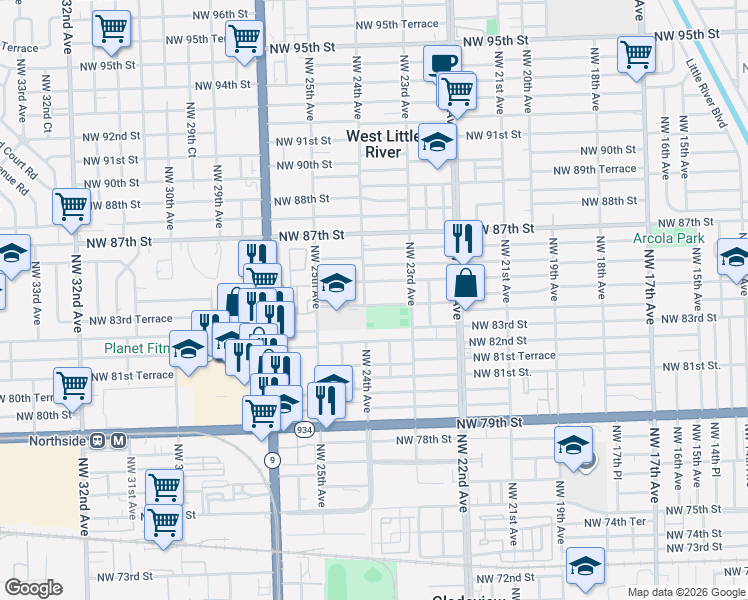 map of restaurants, bars, coffee shops, grocery stores, and more near 8400 Northwest 24th Avenue in Miami