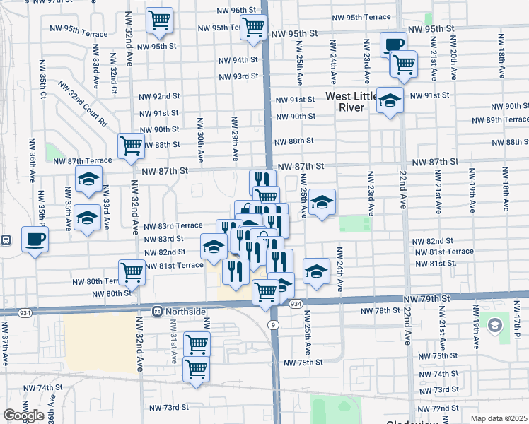 map of restaurants, bars, coffee shops, grocery stores, and more near 8440 Northwest 27th Avenue in Miami