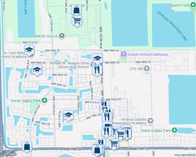 map of restaurants, bars, coffee shops, grocery stores, and more near 10754 Northwest 85th Terrace in Doral