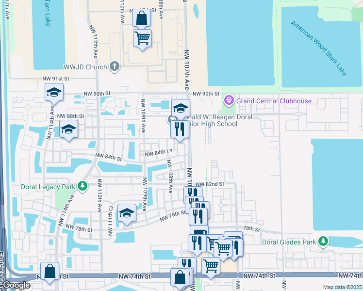 map of restaurants, bars, coffee shops, grocery stores, and more near 10754 Northwest 85th Terrace in Doral