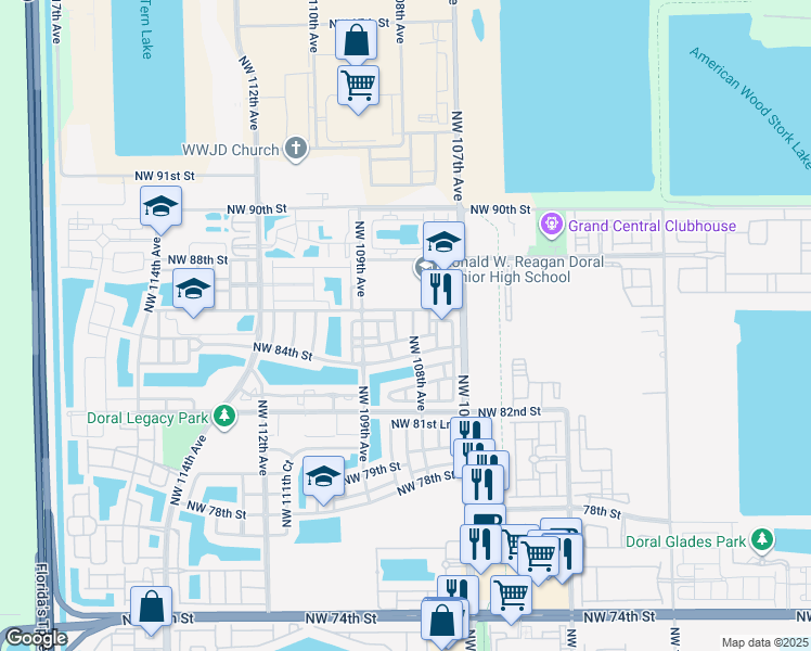 map of restaurants, bars, coffee shops, grocery stores, and more near 8538 Northwest 108th Avenue in Doral
