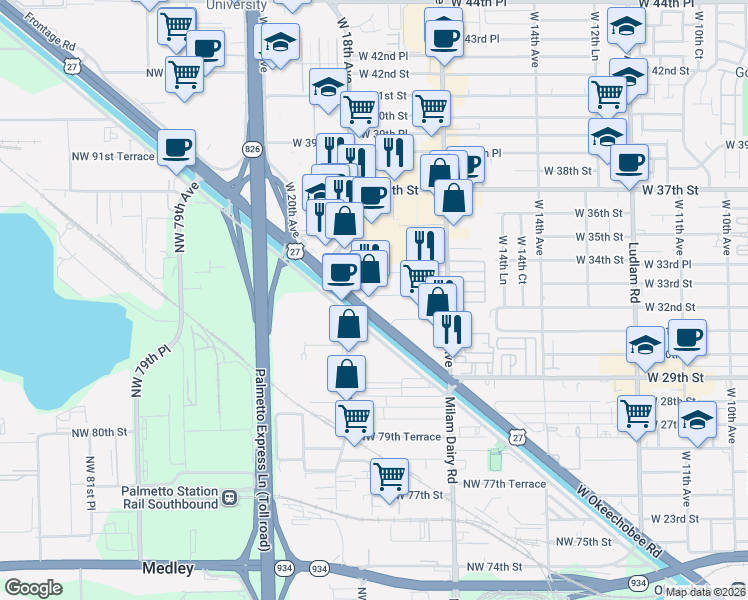 map of restaurants, bars, coffee shops, grocery stores, and more near 1785 West 32nd Place in Hialeah