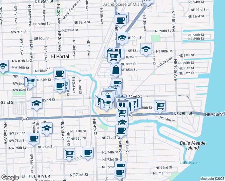 map of restaurants, bars, coffee shops, grocery stores, and more near 567 Northeast 82nd Terrace in Miami
