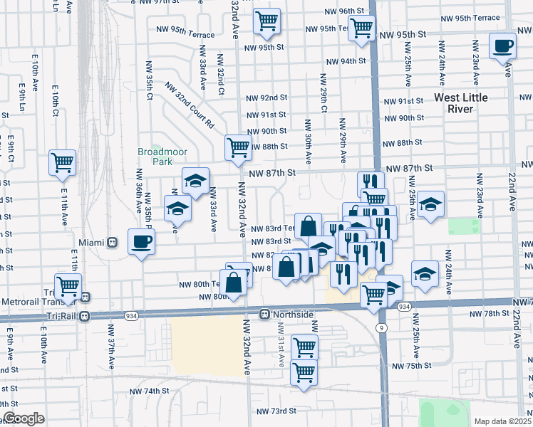 map of restaurants, bars, coffee shops, grocery stores, and more near 8420 Northwest 31st Avenue in Miami