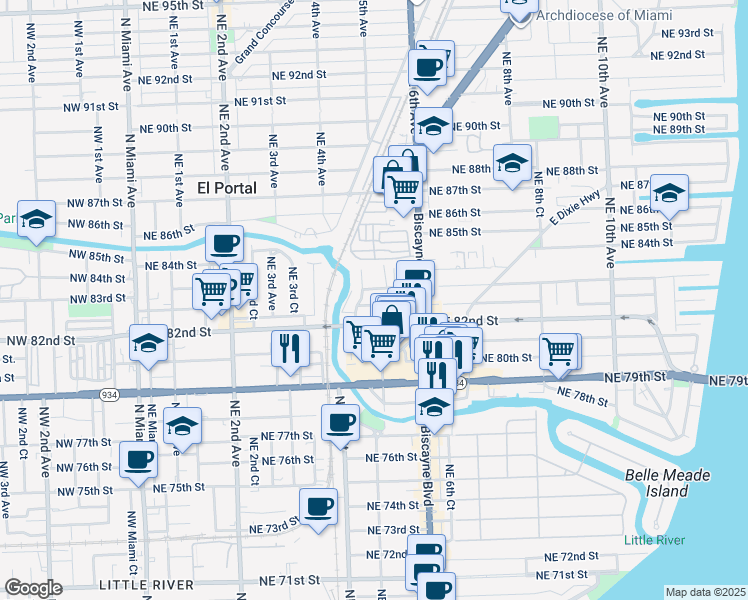 map of restaurants, bars, coffee shops, grocery stores, and more near 461 Northeast 82nd Terrace in Miami