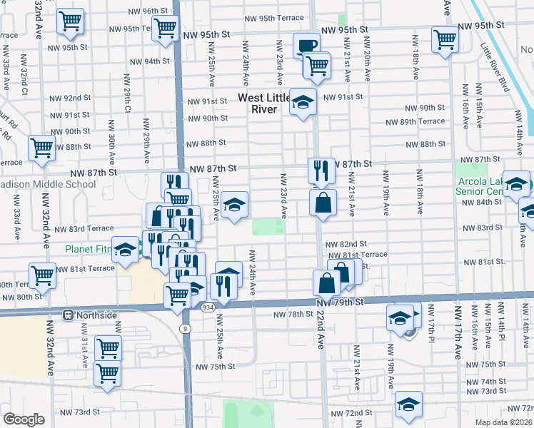 map of restaurants, bars, coffee shops, grocery stores, and more near 2349 Northwest 84th Street in Miami