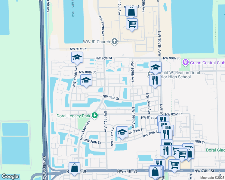 map of restaurants, bars, coffee shops, grocery stores, and more near 8526 Northwest 110th Place in Doral