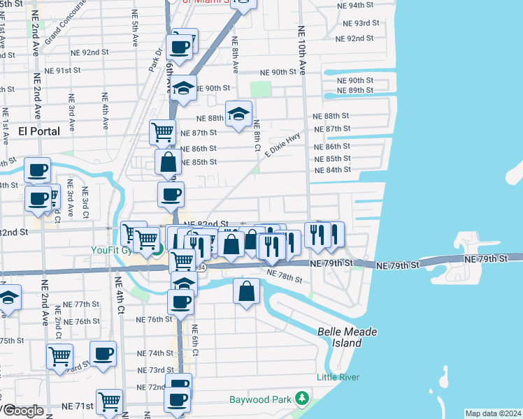 map of restaurants, bars, coffee shops, grocery stores, and more near 8255 Northeast 8th Court in Miami
