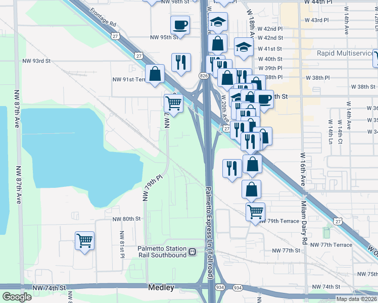 map of restaurants, bars, coffee shops, grocery stores, and more near 8700 Northwest 77th Court in Medley