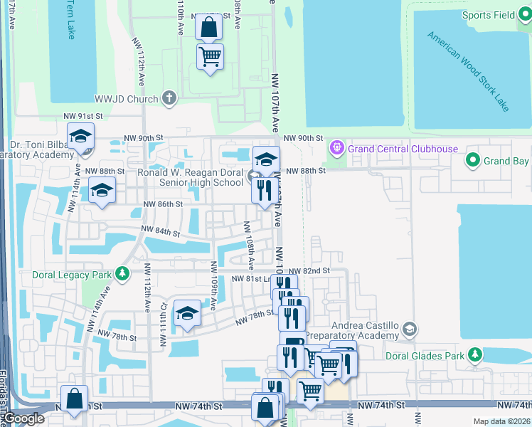 map of restaurants, bars, coffee shops, grocery stores, and more near 10754 Northwest 85th Terrace in Doral