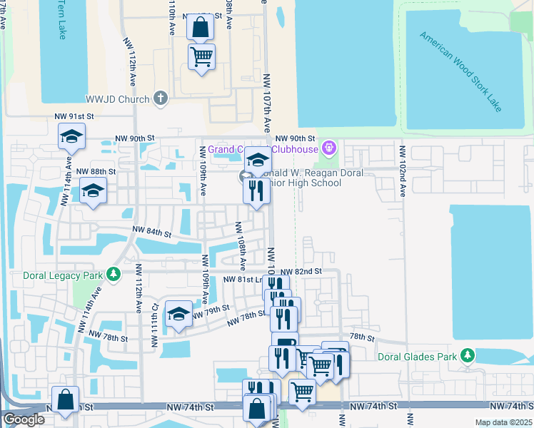map of restaurants, bars, coffee shops, grocery stores, and more near 10754 Northwest 85th Terrace in Doral