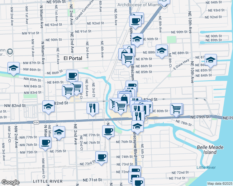 map of restaurants, bars, coffee shops, grocery stores, and more near 461 Northeast 82nd Terrace in Miami