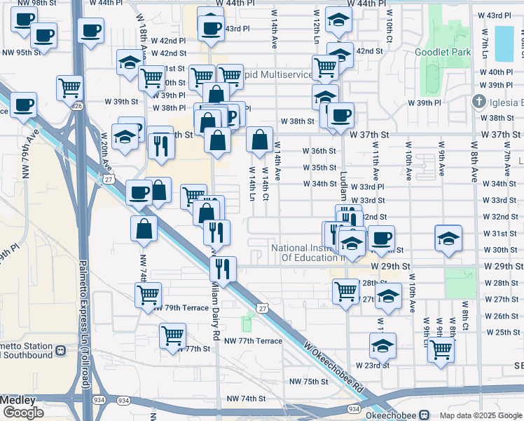 map of restaurants, bars, coffee shops, grocery stores, and more near 3224 West 14th Court in Hialeah