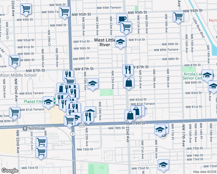 map of restaurants, bars, coffee shops, grocery stores, and more near 2325 Northwest 84th Street in Miami