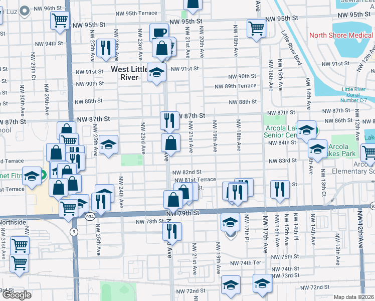 map of restaurants, bars, coffee shops, grocery stores, and more near 2110 Northwest 84th Street in Miami
