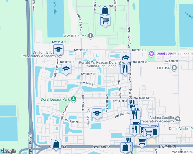 map of restaurants, bars, coffee shops, grocery stores, and more near 8537 Northwest 110th Avenue in Doral