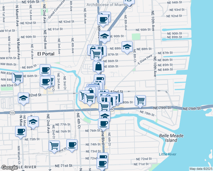 map of restaurants, bars, coffee shops, grocery stores, and more near 625 Northeast 82nd Terrace in Miami