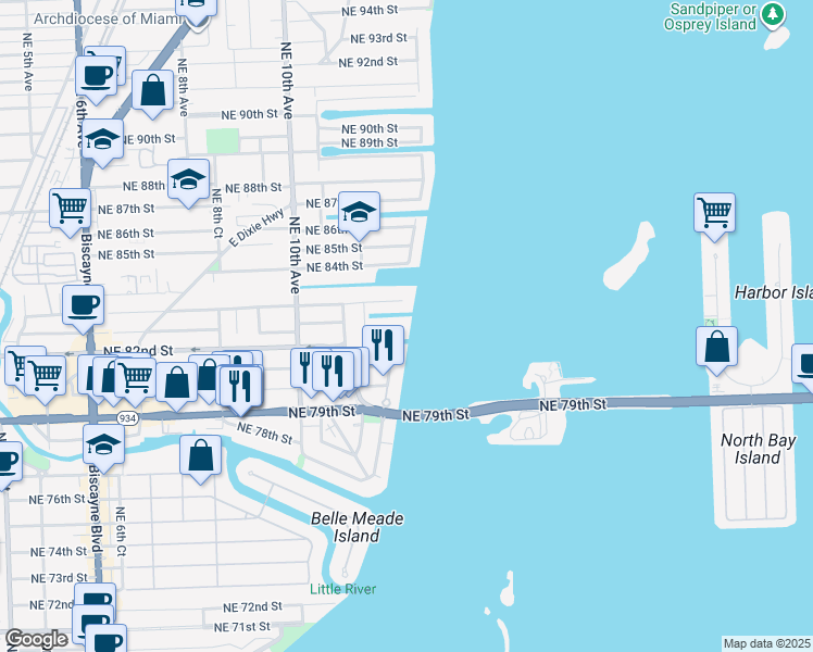 map of restaurants, bars, coffee shops, grocery stores, and more near 1290 Northeast 82nd Street in Miami