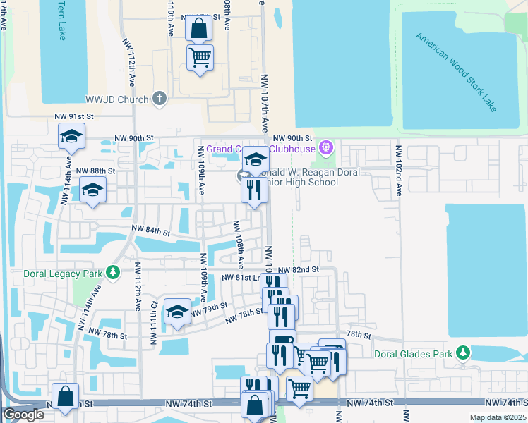 map of restaurants, bars, coffee shops, grocery stores, and more near 10754 Northwest 85th Terrace in Doral