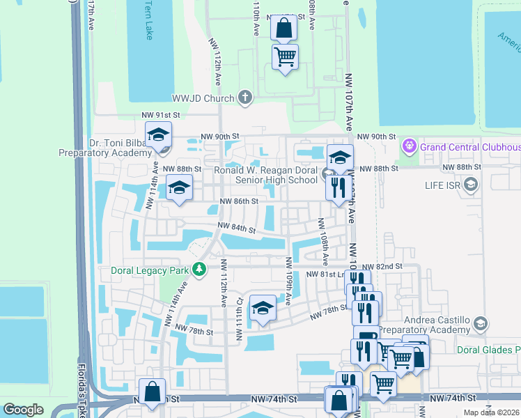 map of restaurants, bars, coffee shops, grocery stores, and more near 8537 Northwest 110th Avenue in Doral