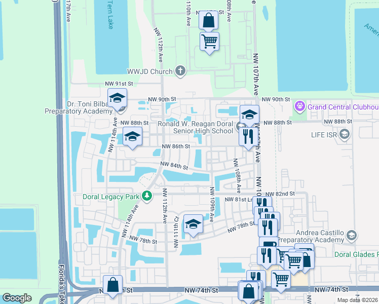 map of restaurants, bars, coffee shops, grocery stores, and more near 8537 Northwest 110th Avenue in Doral