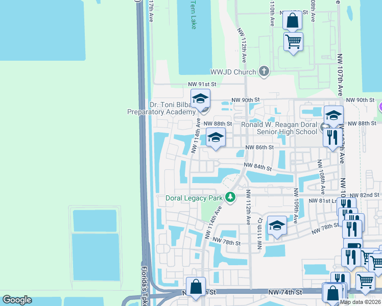 map of restaurants, bars, coffee shops, grocery stores, and more near 8452 Northwest 114th Avenue in Doral