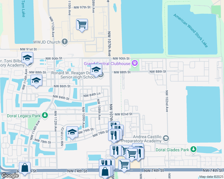 map of restaurants, bars, coffee shops, grocery stores, and more near 8600 Northwest 107th Avenue in Doral