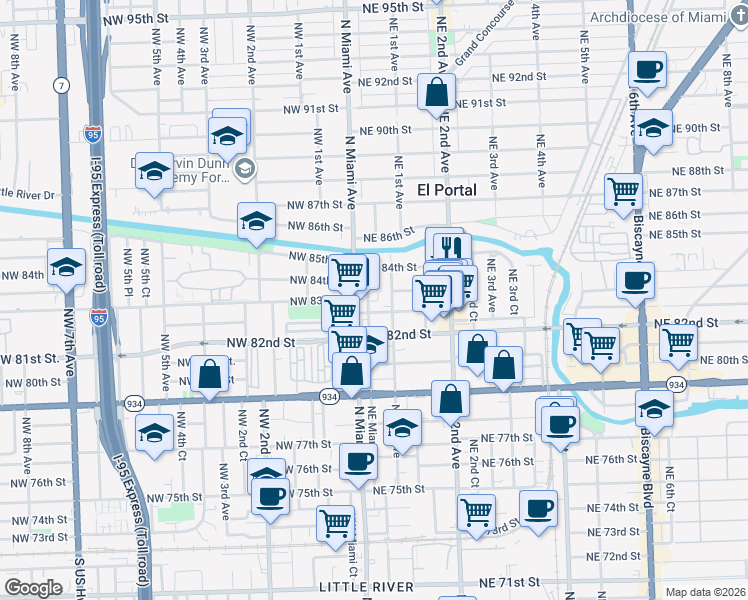 map of restaurants, bars, coffee shops, grocery stores, and more near 8275 Northeast Miami Court in Miami