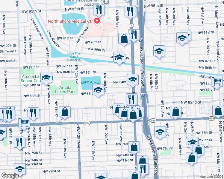 map of restaurants, bars, coffee shops, grocery stores, and more near 900 Northwest 83rd Terrace in Miami