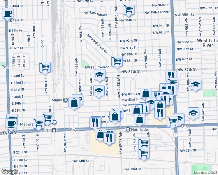 map of restaurants, bars, coffee shops, grocery stores, and more near 8435 Northwest 33rd Avenue in Miami