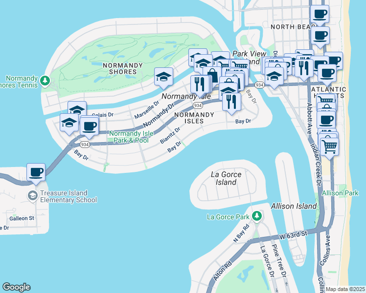 map of restaurants, bars, coffee shops, grocery stores, and more near 1500 Bay Drive in Miami Beach