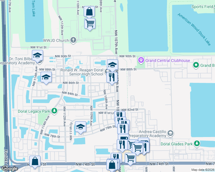 map of restaurants, bars, coffee shops, grocery stores, and more near 10754 Northwest 85th Terrace in Doral